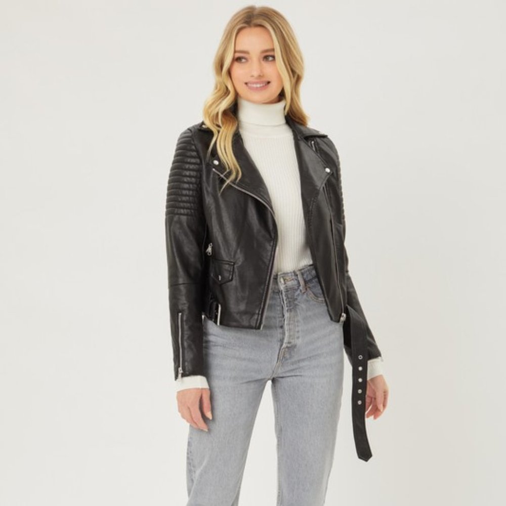 *RESTOCKED* Faux Leather Biker Moto Jacket, Black - Picture 3 of 5